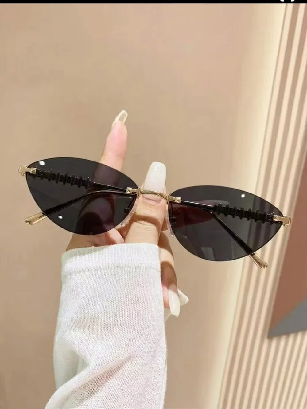 Gold-Trim Black Lens Rimless Cat Eye Sunglasses